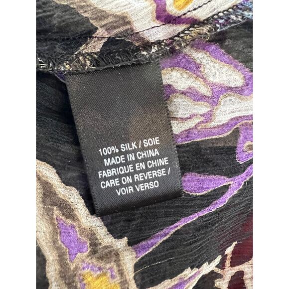 Sheer Silk Chiffon Long Sleeve Pintuck Top Purple Boho Print L - Picture 7 of 8